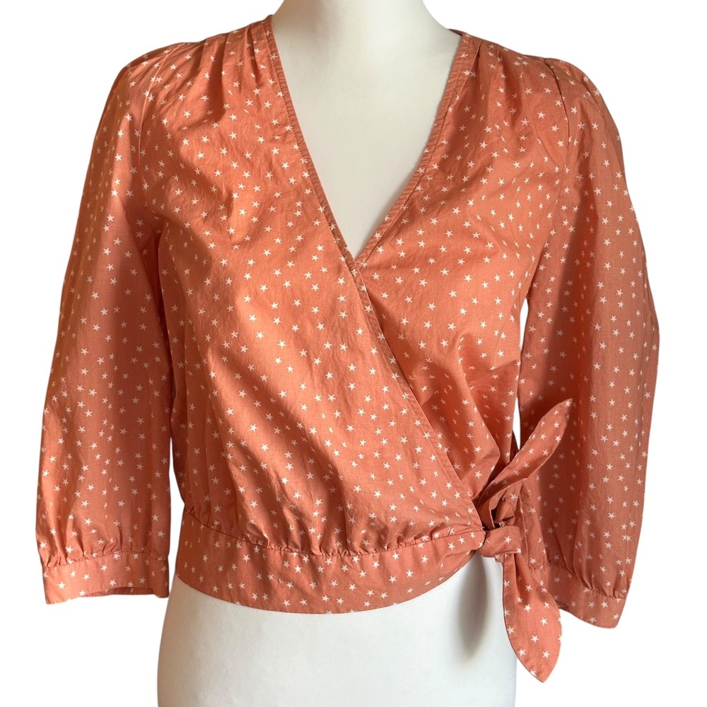 Madewell Top Women's Medium Peach Star Print Wrap Top 3/4 Sleeve‎ Cotton Blouse